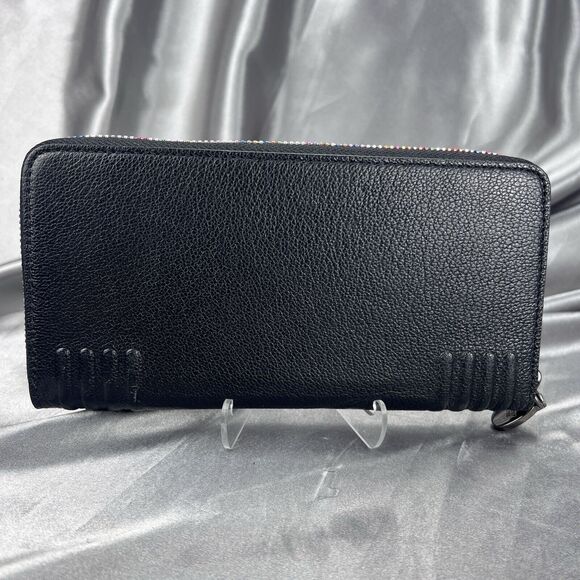 J. Estina Zip Aound Wallet Black Rainbow Accordion 12 Card Slots Pebbled Leather - Picture 7 of 17